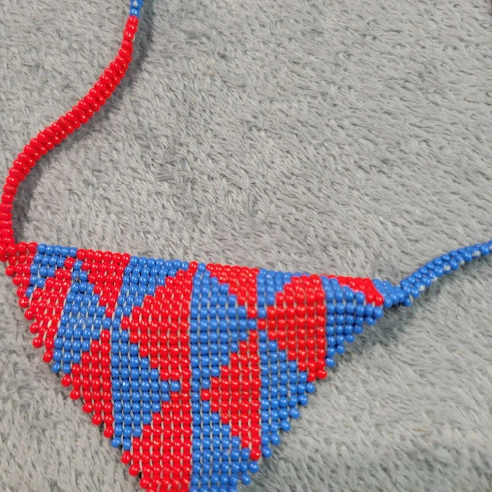Altiplano‎ Beaded Necklace Women OS Blue Red Triangle Geometric Artisan Boho 7RB